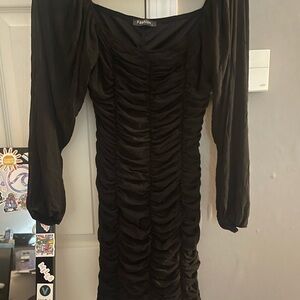 Chic Black Ruched Long Sleeve Dress